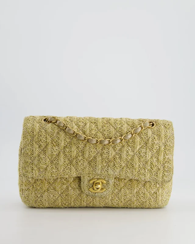 *SUPER HOT* Chanel Beige Raffia Medium Classic Double Flap Bag with Brushed Gold Hardware and Gold Leather Interior