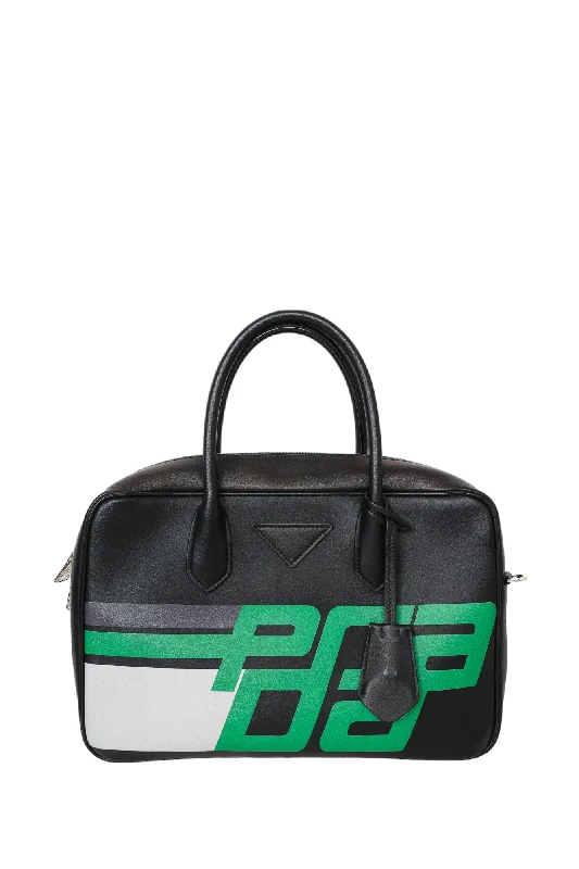 Prada Black/Green Leather Medium Mirage Top Handle Bag with Strap