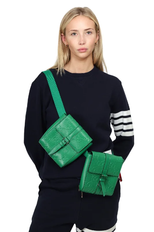 Gucci Green Calfskin GG Embossed Double Belt Bag