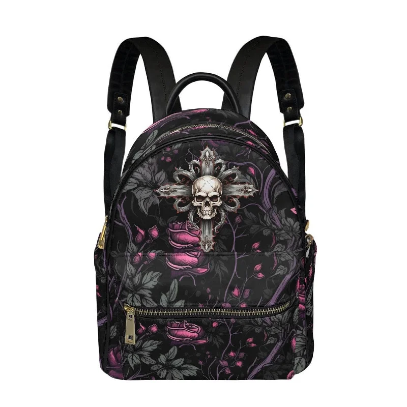 Gothic Pink Roses And Vines Skull Cross Small Size Backpack