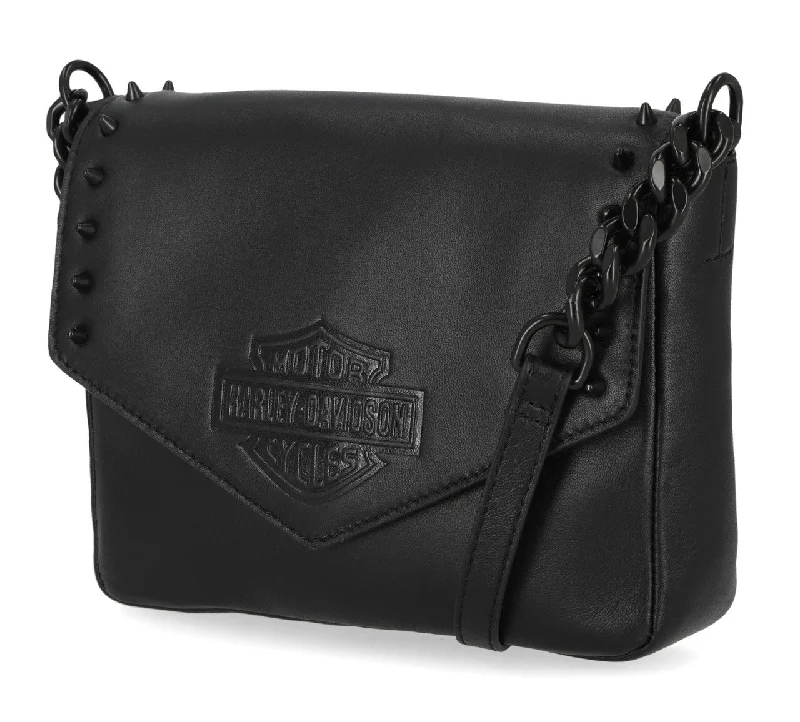 Women's Bar & Shield Cone Stud Flap Crossbody Purse - Black