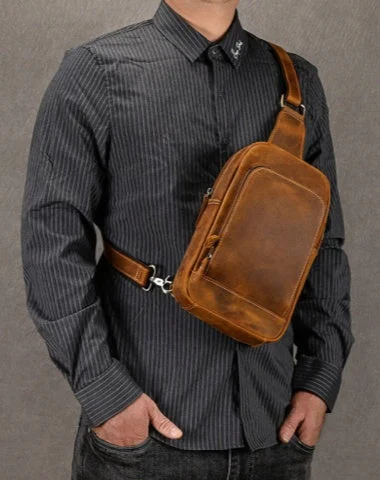 Brown One Strap Backpack For Men Leather Men's Sling Bag Sling Pack Leather Chest Bag