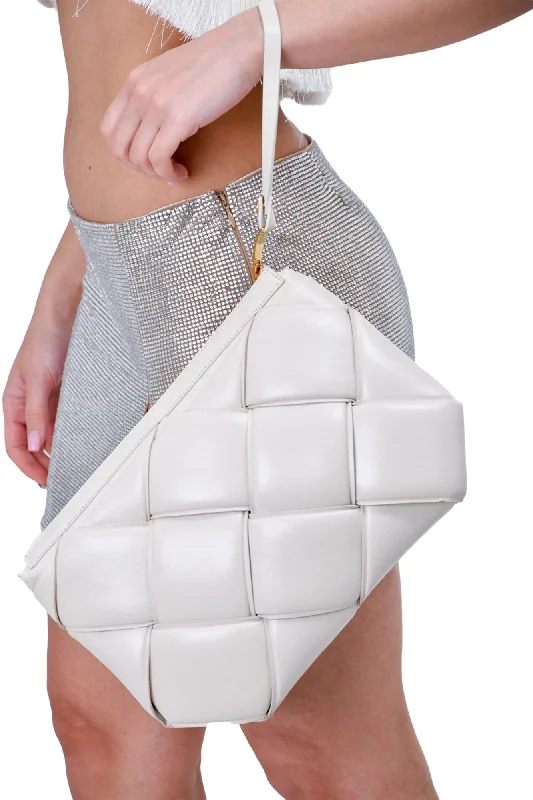 Bottega Veneta White Leather Maxi Intrecciato Padded Clutch