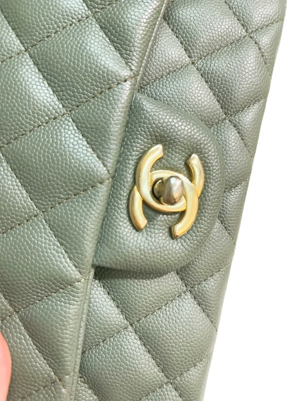 CHANEL 18C Iridescent Green Caviar Rectangular Mini Flap Bag Brushed Gold Hardware