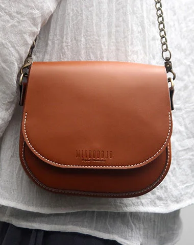 Cute Brown LEATHER Flip Chain Side Bag Handmade WOMEN Saddle Phone Crossbody BAG Purse FOR WOMEN