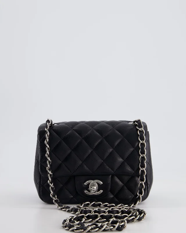 *HOT* Chanel Black Mini Square Flap Bag in Lambskin with Silver Hardware