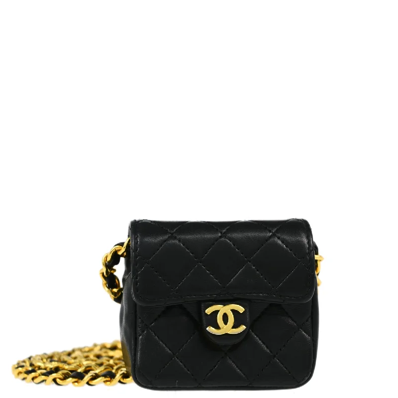 Chanel Black Lambskin Classic Flap Micro Chain Pochette Bag Pouch