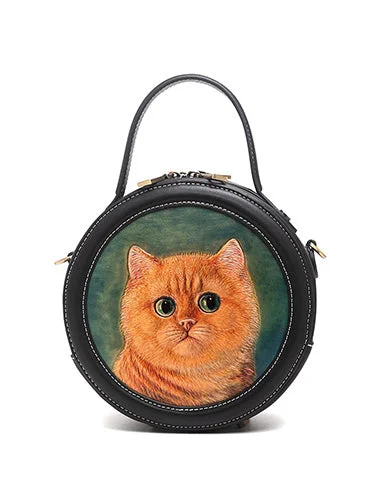 Handmade Womens Black Leather Round Handbag Purse Cat Round Crossbody Bag for Women