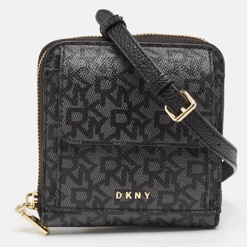 Dkny Black/grey Signature Coated Canvas Mini Zip Around Olive Crossbody Bag